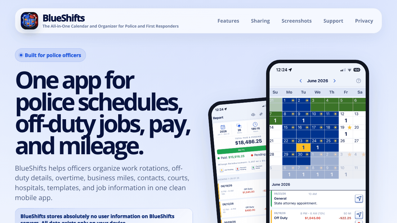 BlueShifts Police Calendar App website screenshot