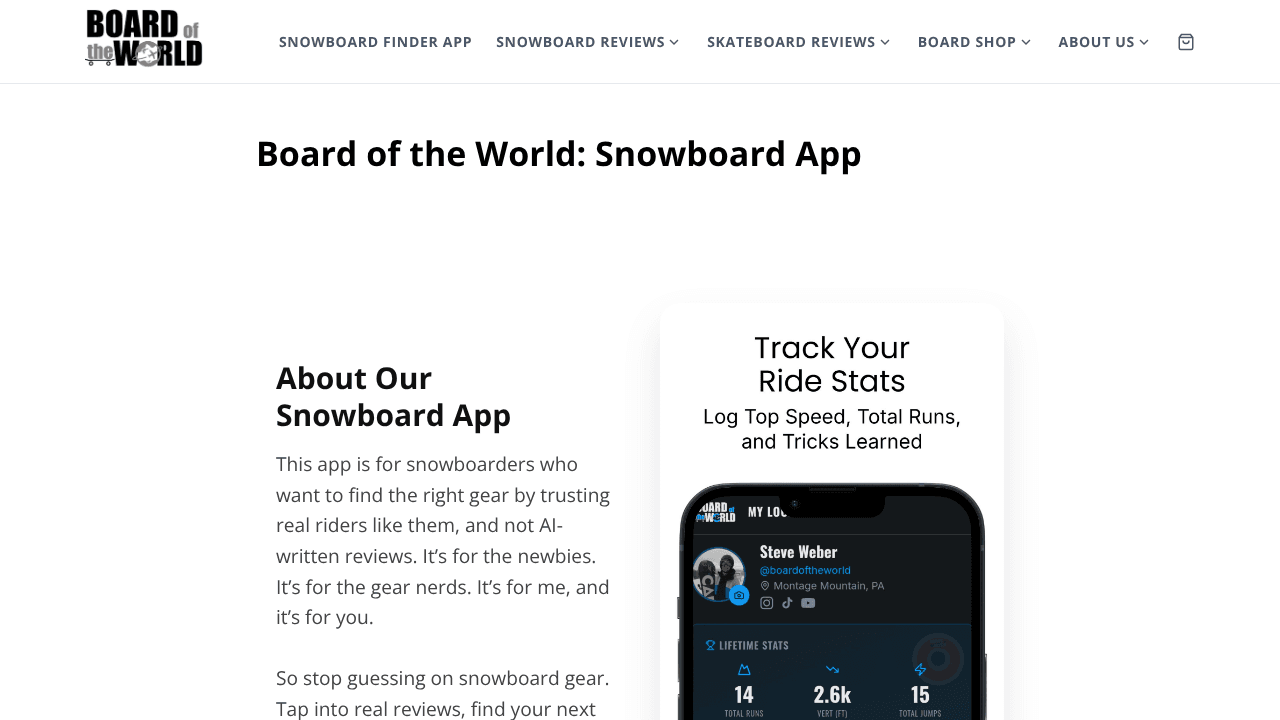 Board of the World: Snowboard website screenshot
