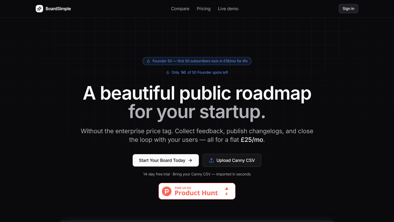 BoardSimple — Public roadmap  website screenshot