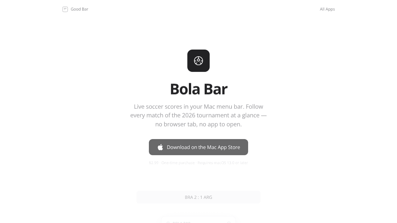 Bola Bar: World Cup In Your  Menu Bar website screenshot
