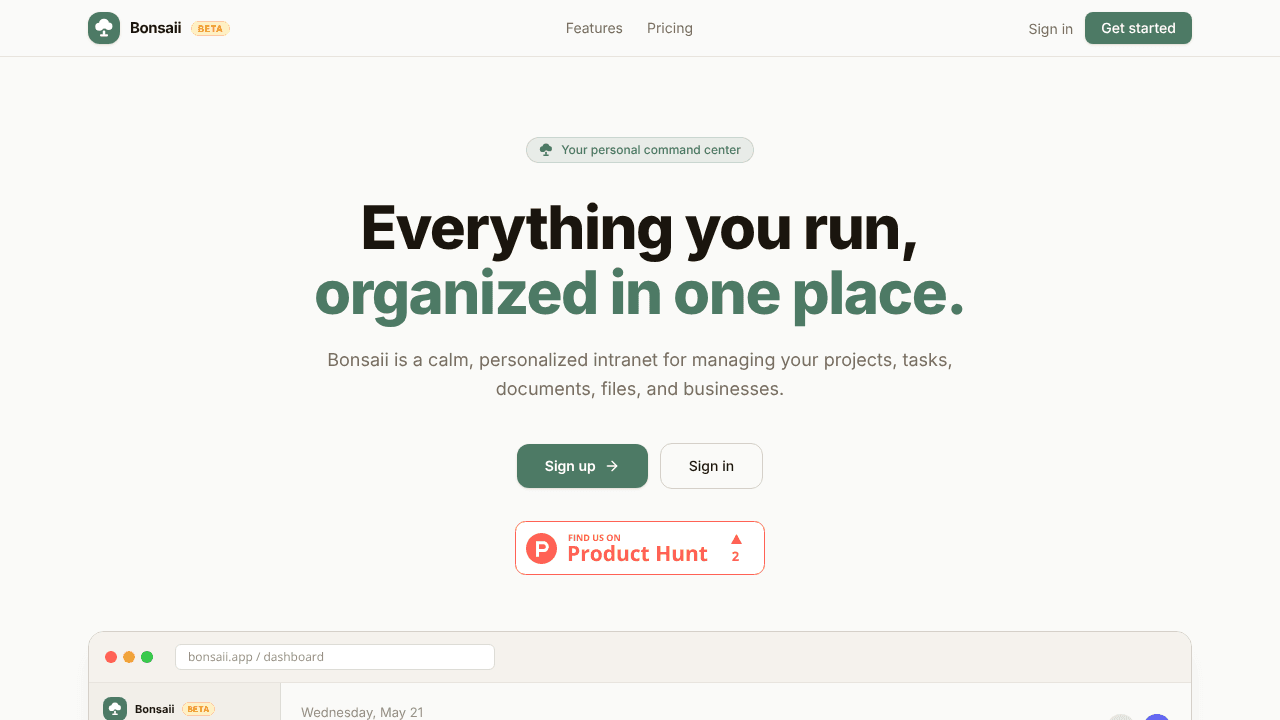 Bonsaii — Personalized Command Center website screenshot