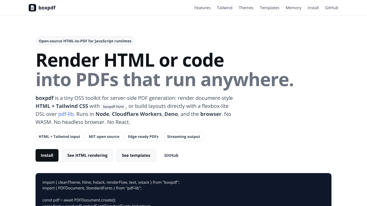 boxpdf · flow PDF layout for JS runtimes website screenshot