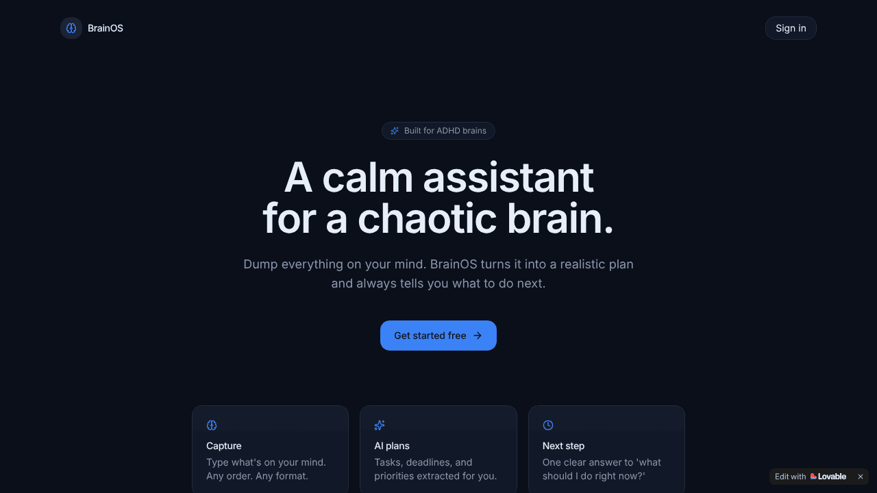 BrainOS — Your ADHD executive assistant website screenshot
