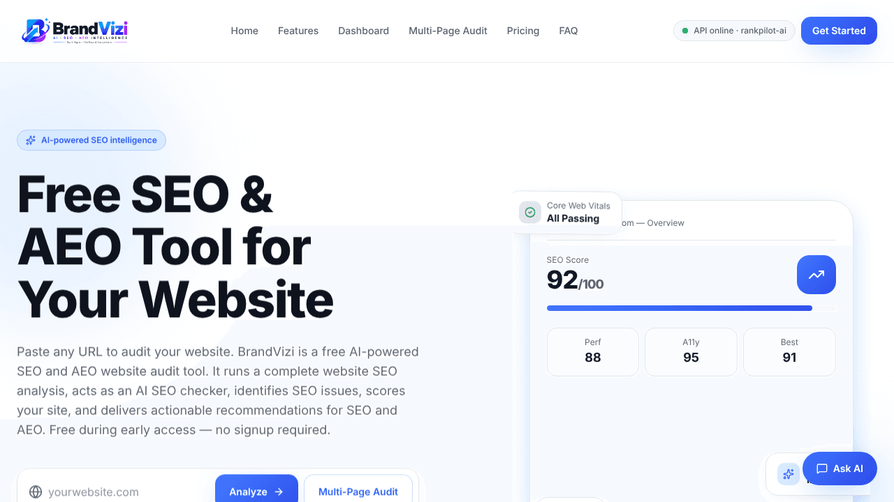 BrandVizi — AI SEO & AEO Intelligence website screenshot
