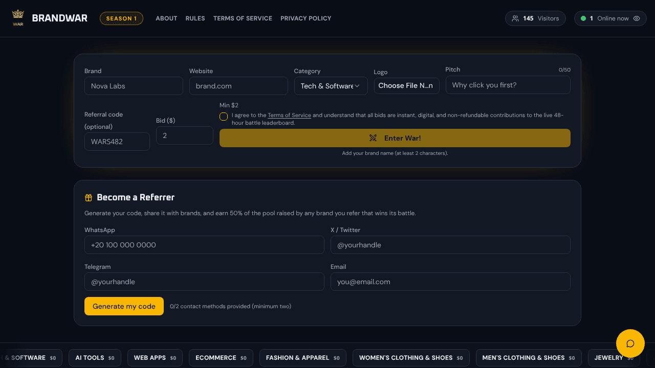 Brandwar — The Battle of Businesses website screenshot