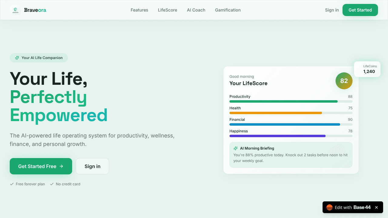 Braveora  website screenshot