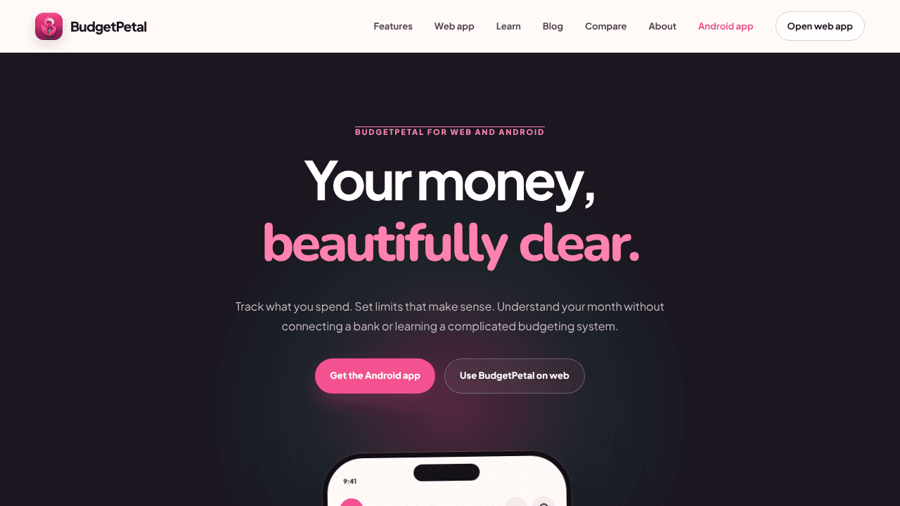 BudgetPetal Expense Tracker website screenshot