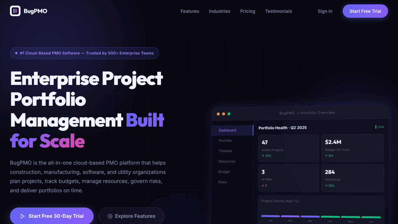 BugPMO — Enterprise Project Managementy website screenshot