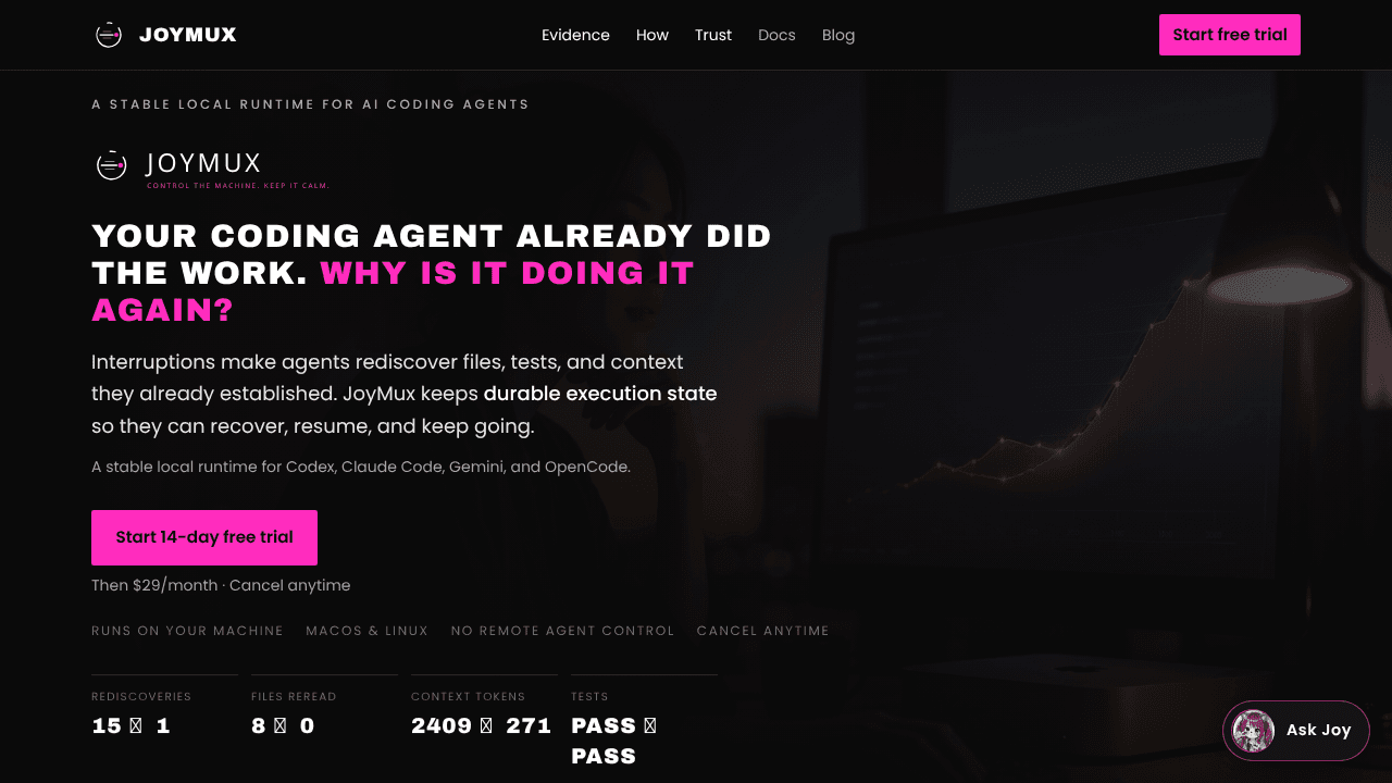 Building JoyMux · Local Agent Runtime website screenshot
