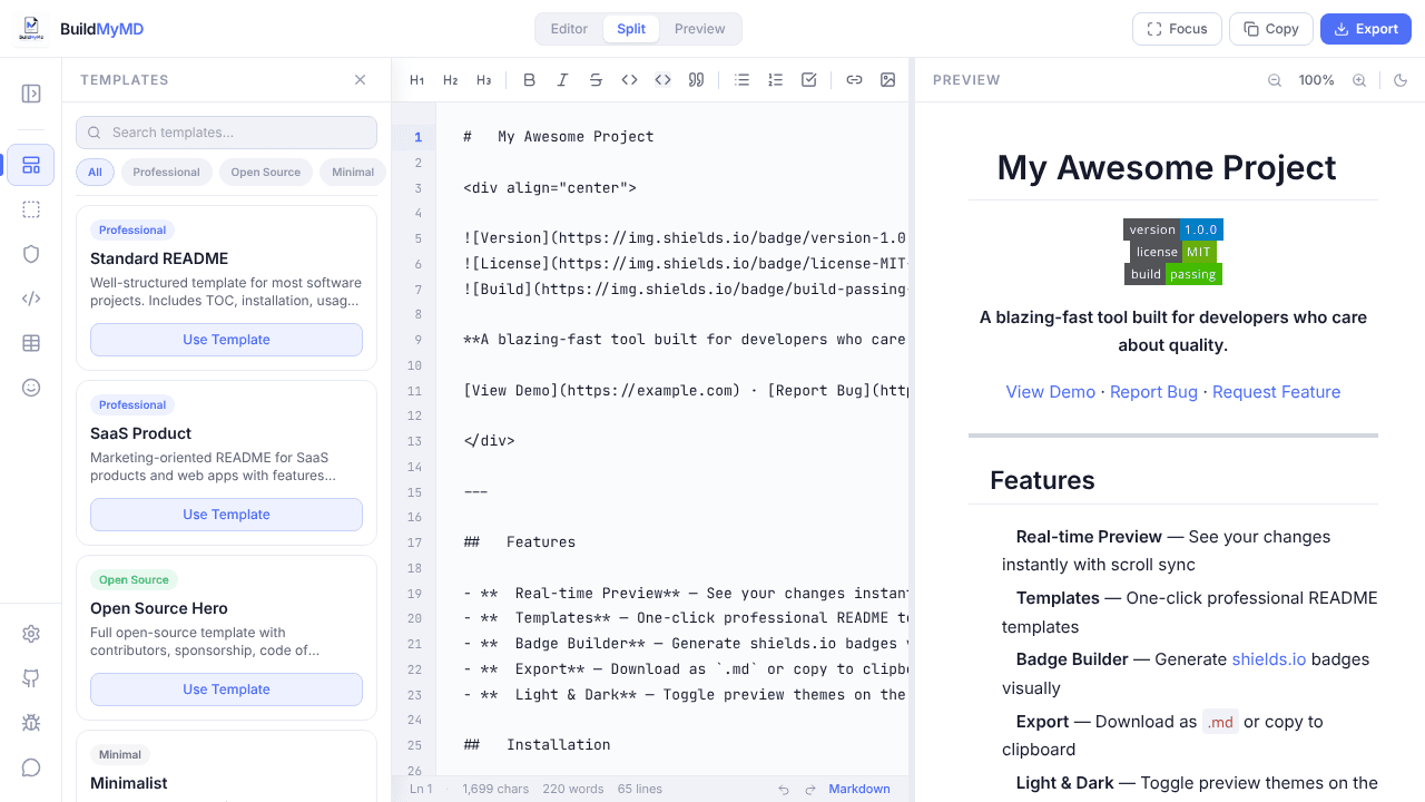 BuildMyMD — Modern Markdown Editor website screenshot