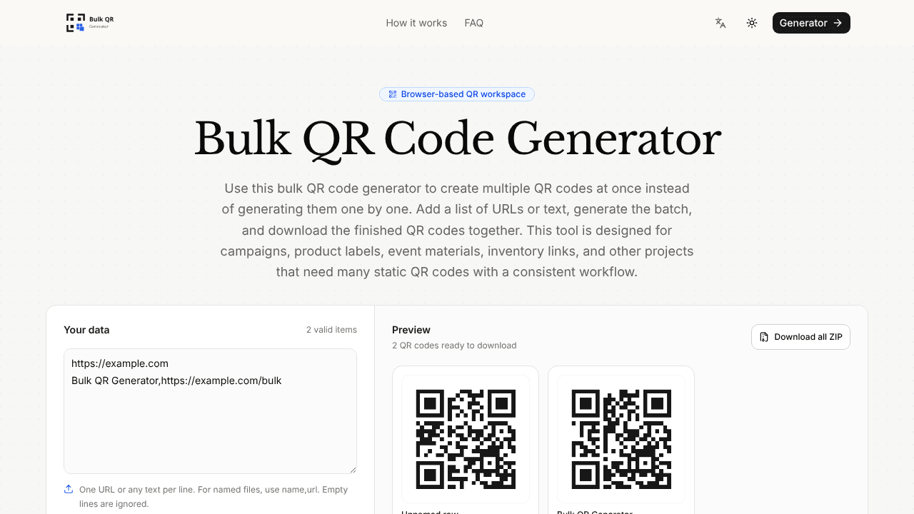 Bulk QR Generator website screenshot