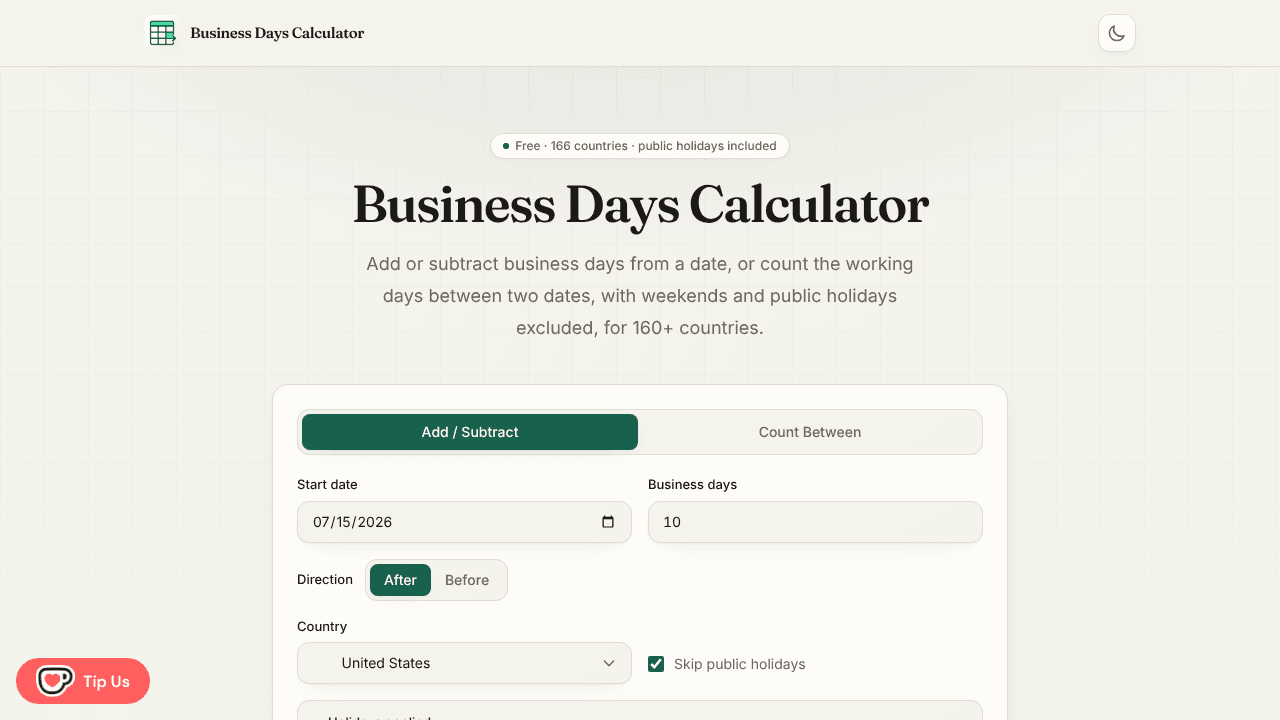Business Days Calculator website screenshot