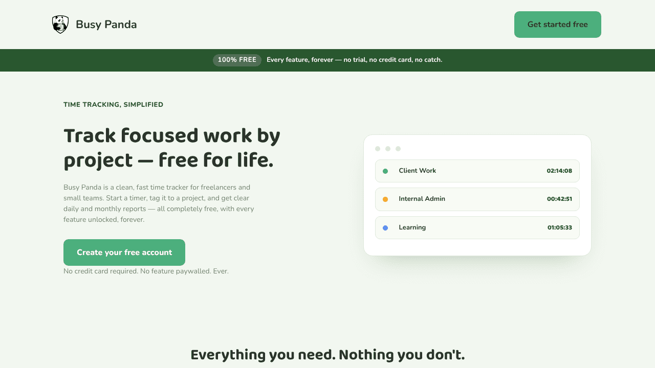Busy Panda - Forever Free Time Tracking website screenshot