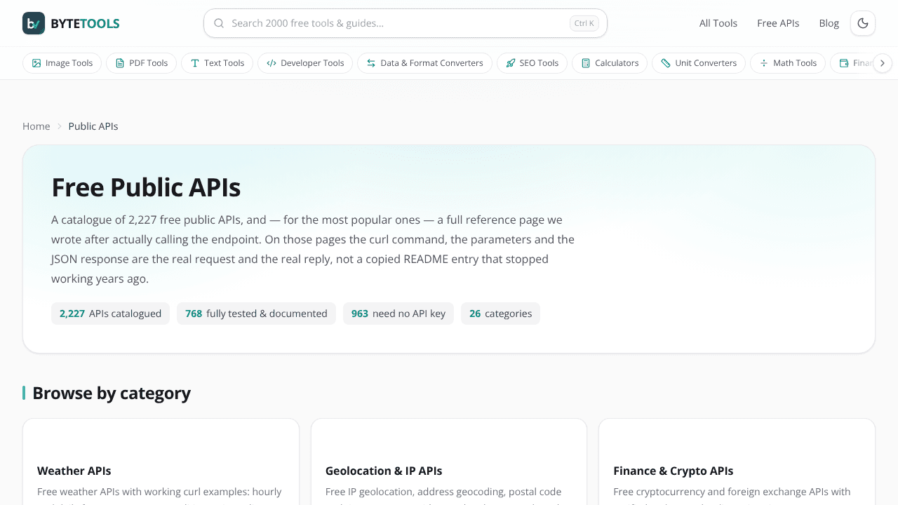 ByteTools API Directory website screenshot
