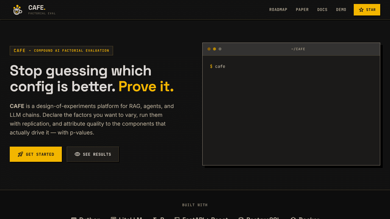 CAFE — Compound-AI Factorial Evaluation website screenshot