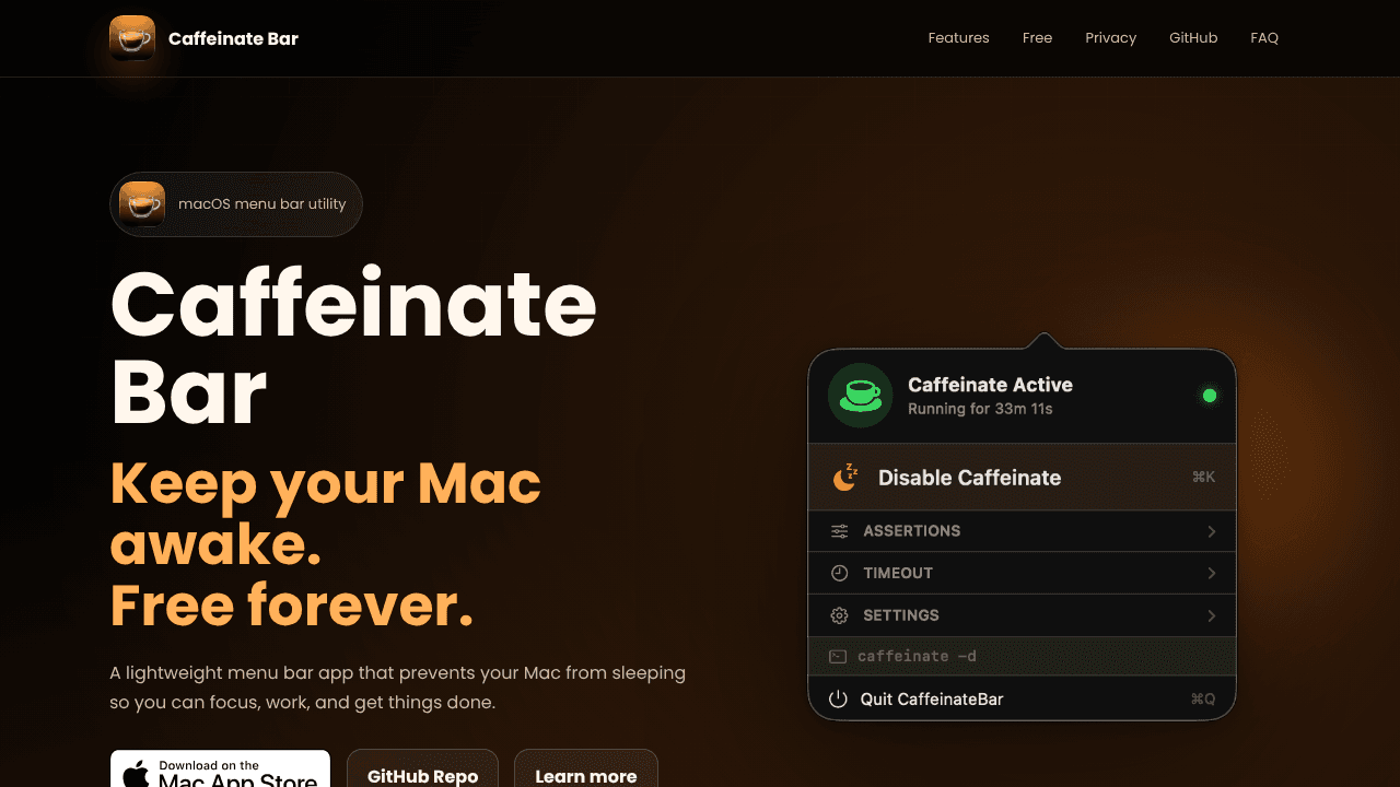 Caffeinate Bar — Keep your Mac awake website screenshot