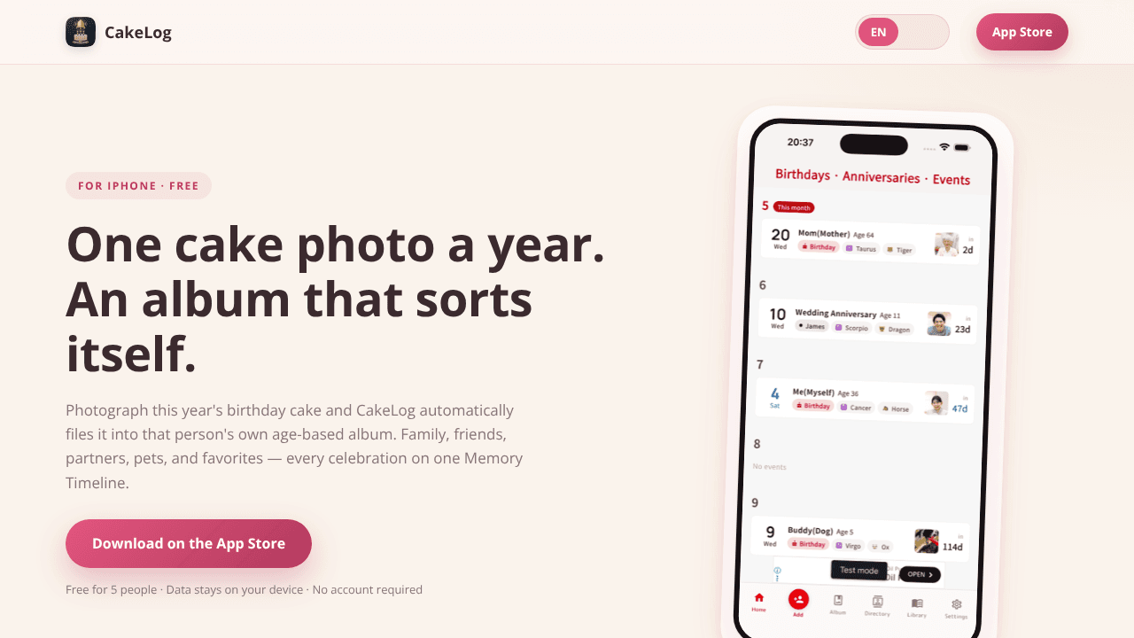 CakeLog: Birthday Album website screenshot