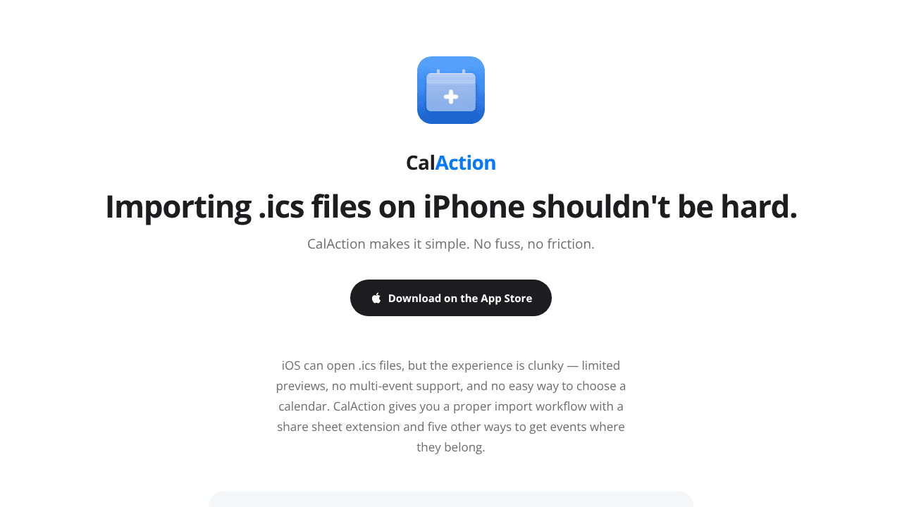 CalAction — Import Calendar Files on iOS website screenshot
