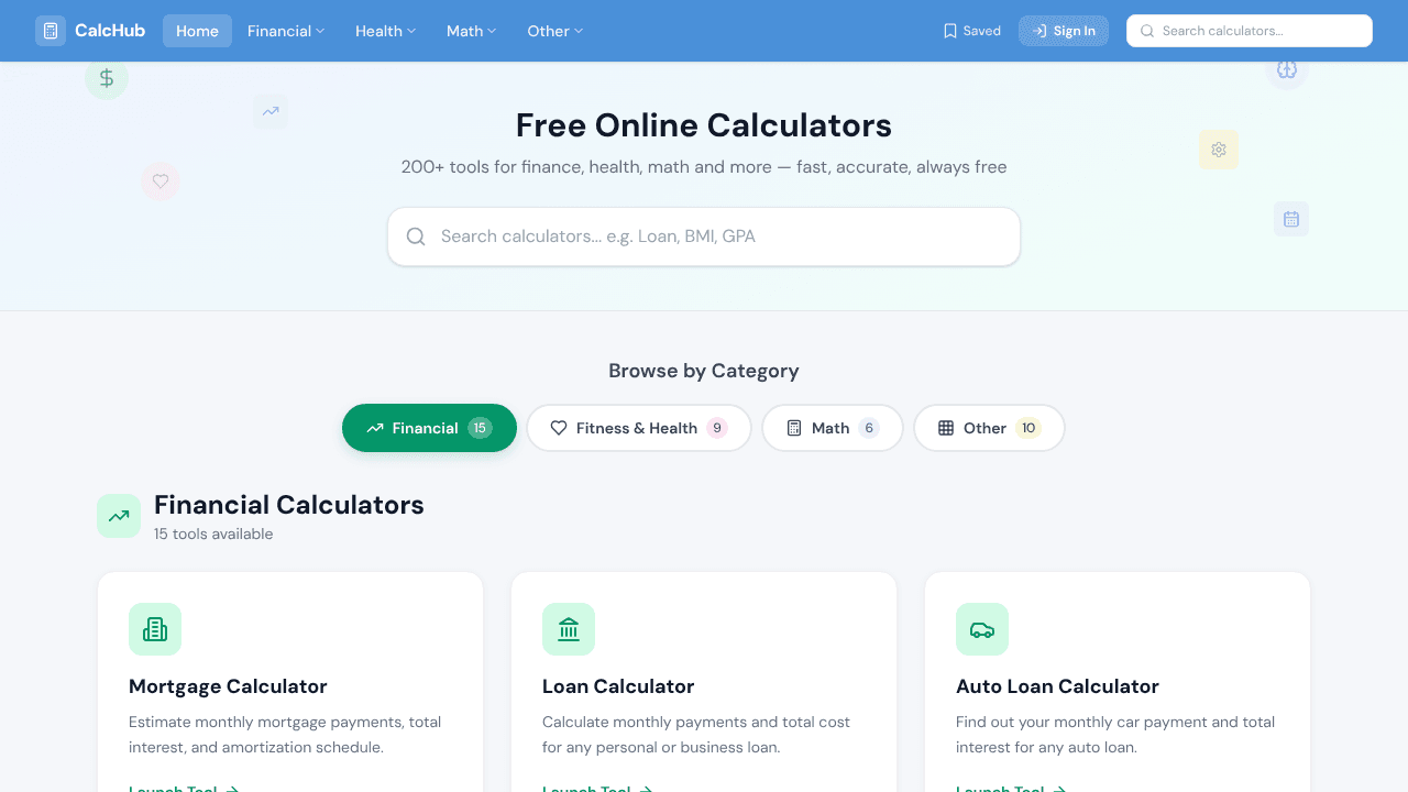 CalcHub website screenshot