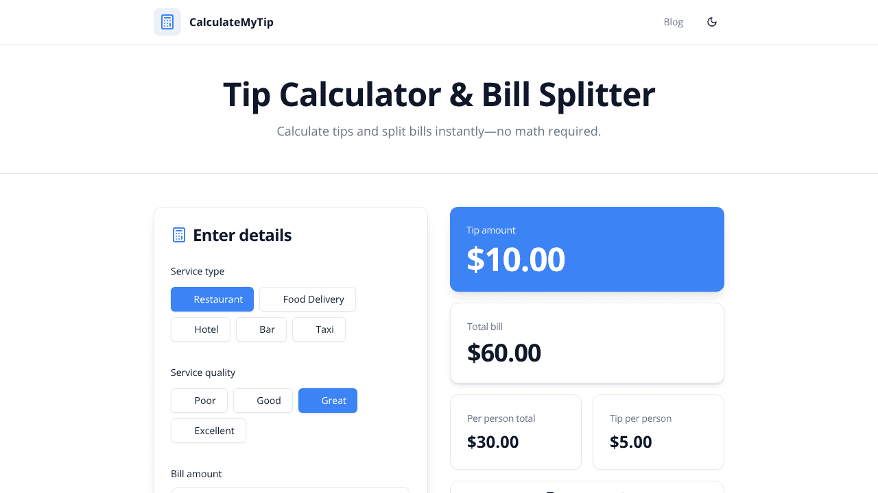 Calculate My Tip website screenshot