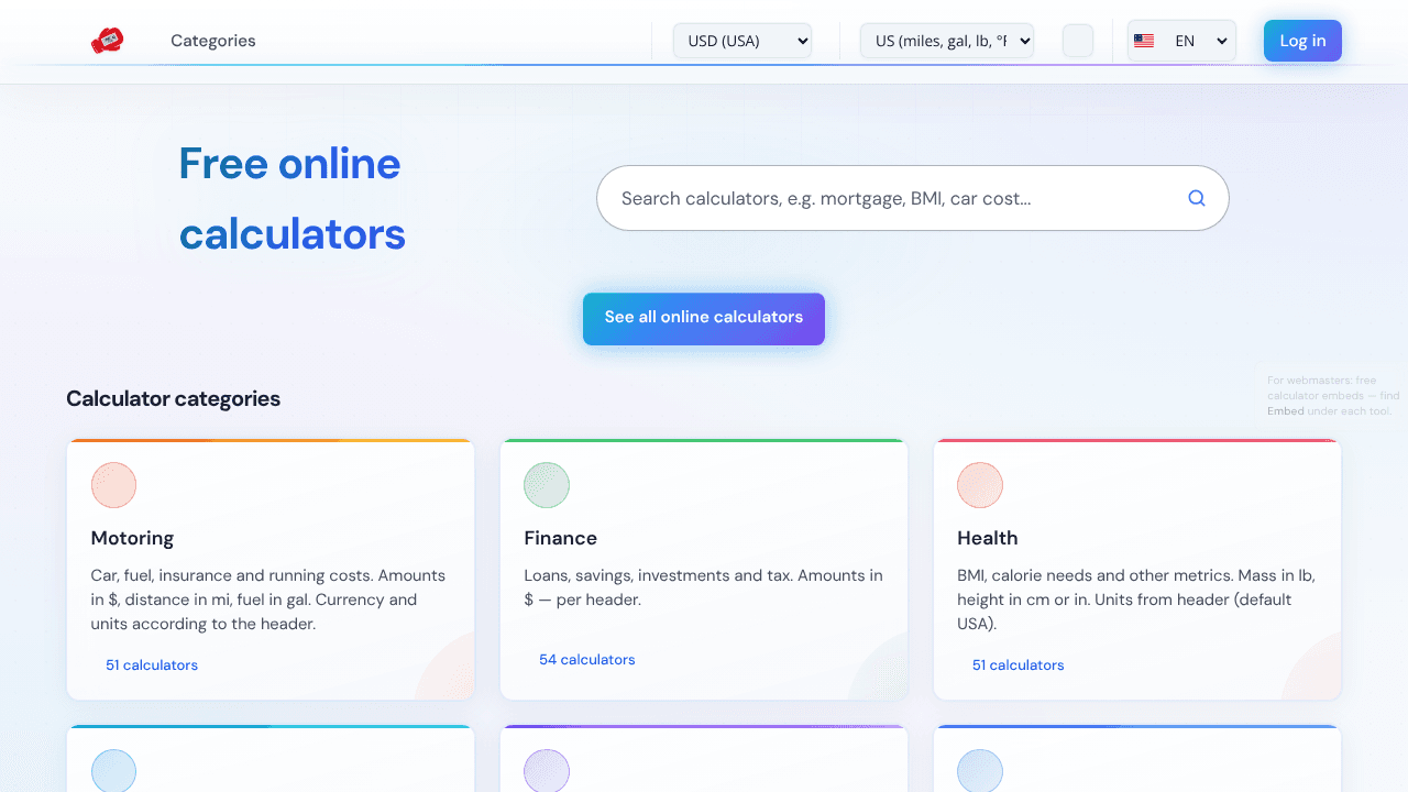 Calculators website screenshot