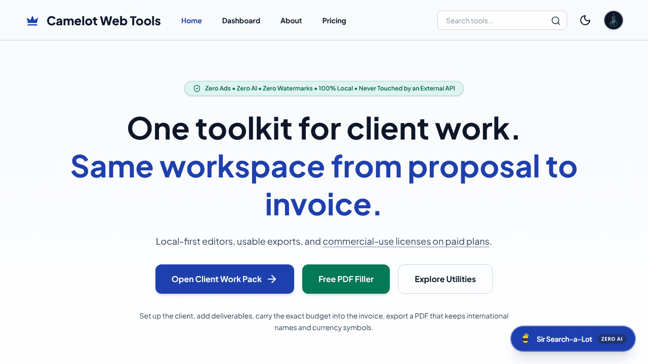 Camelot Web Tools website screenshot