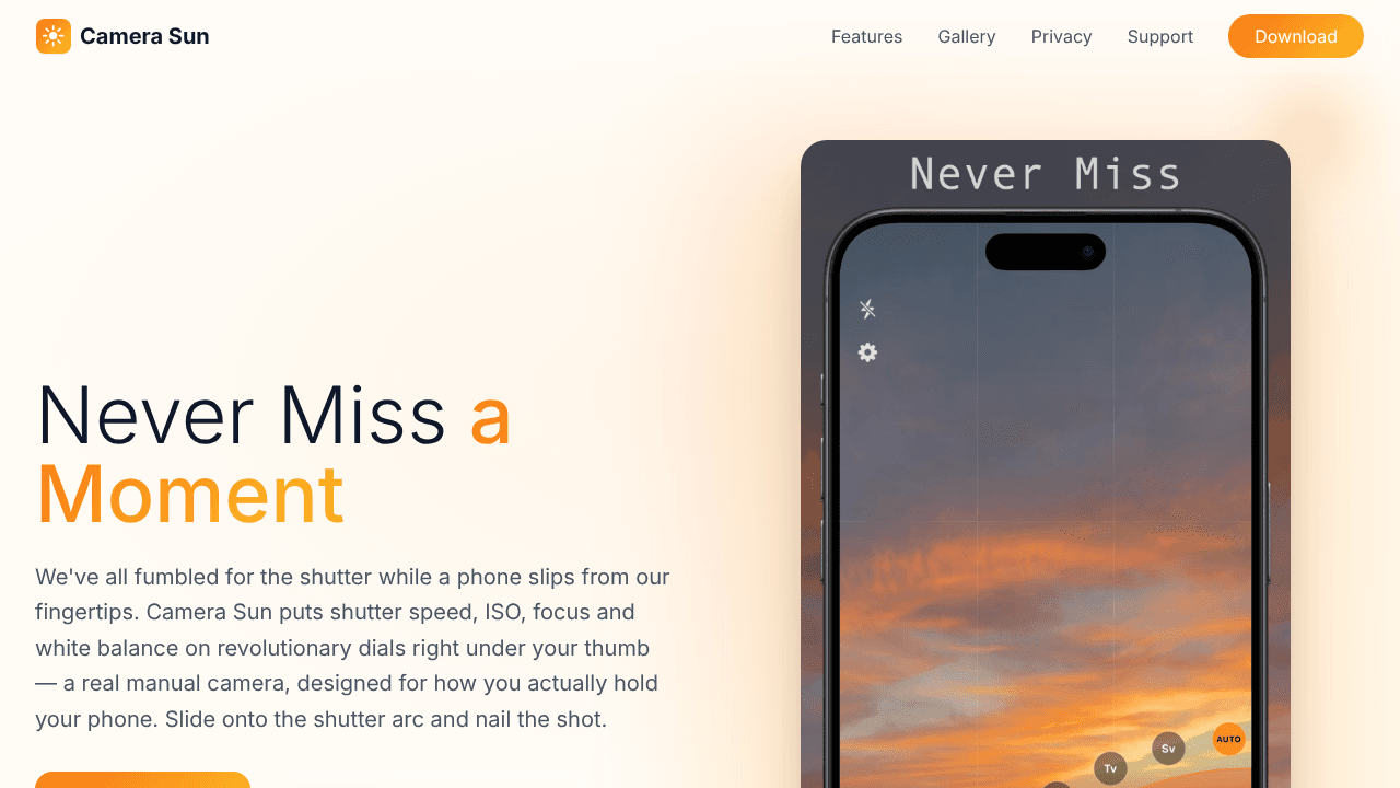 Camera Sun App website screenshot