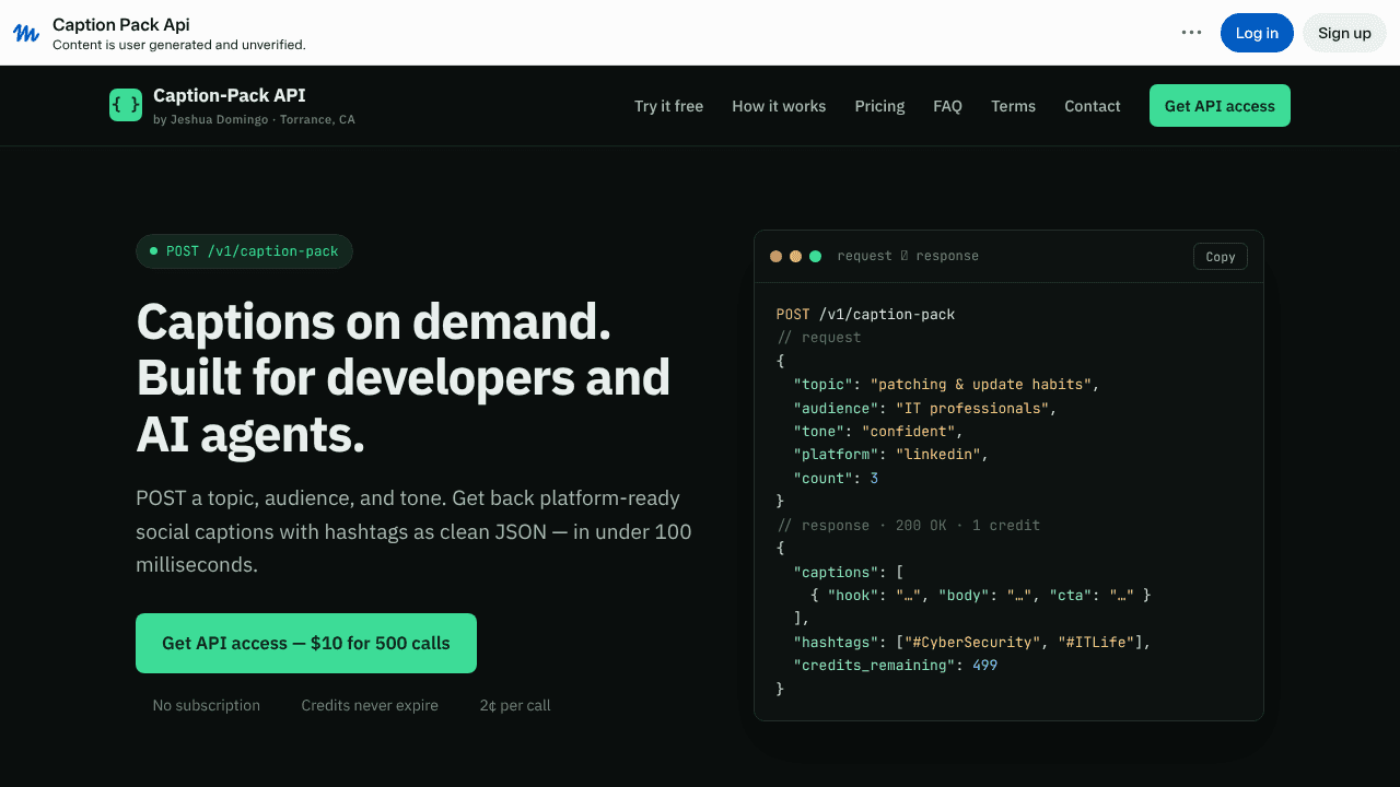 Caption-Pack API website screenshot