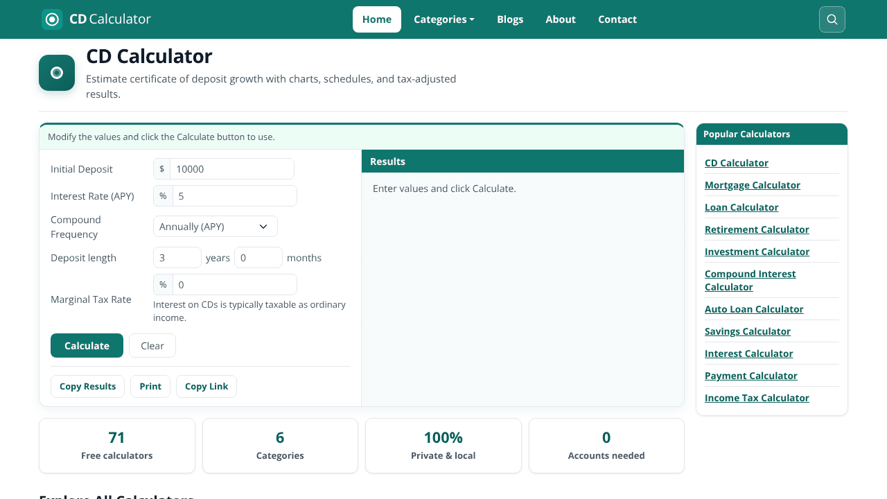 CD Calculator website screenshot