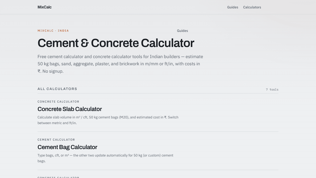 Cement & Concrete Calculator website screenshot