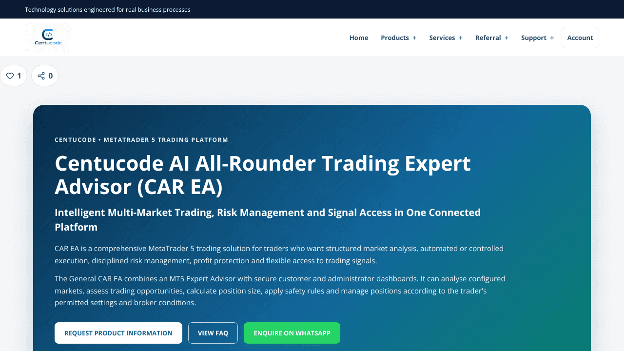 Centucode AI All-Rounder Trading EA website screenshot
