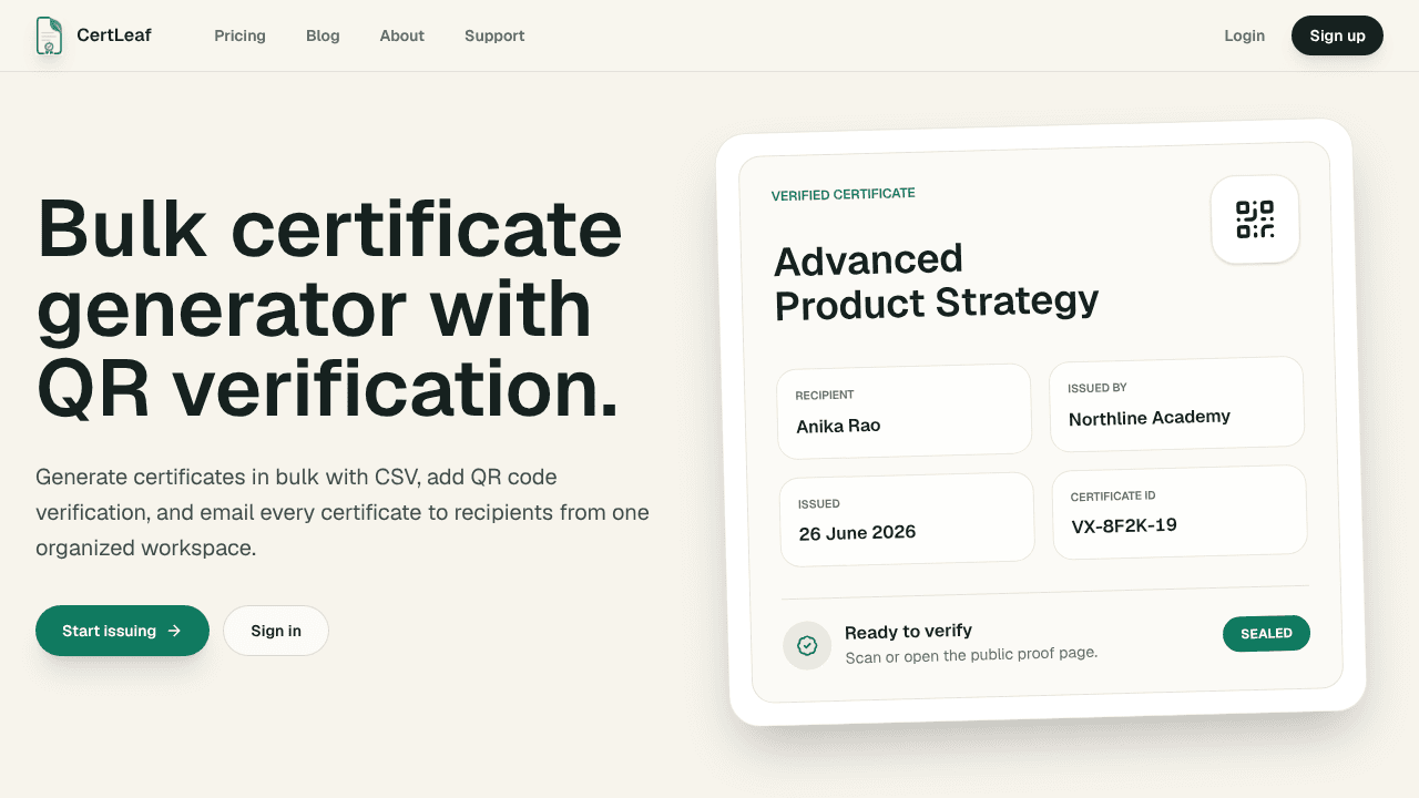 CertLeaf website screenshot