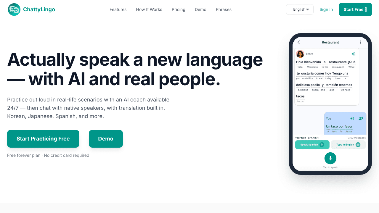 ChattyLingo — Learn Language by Speaking website screenshot