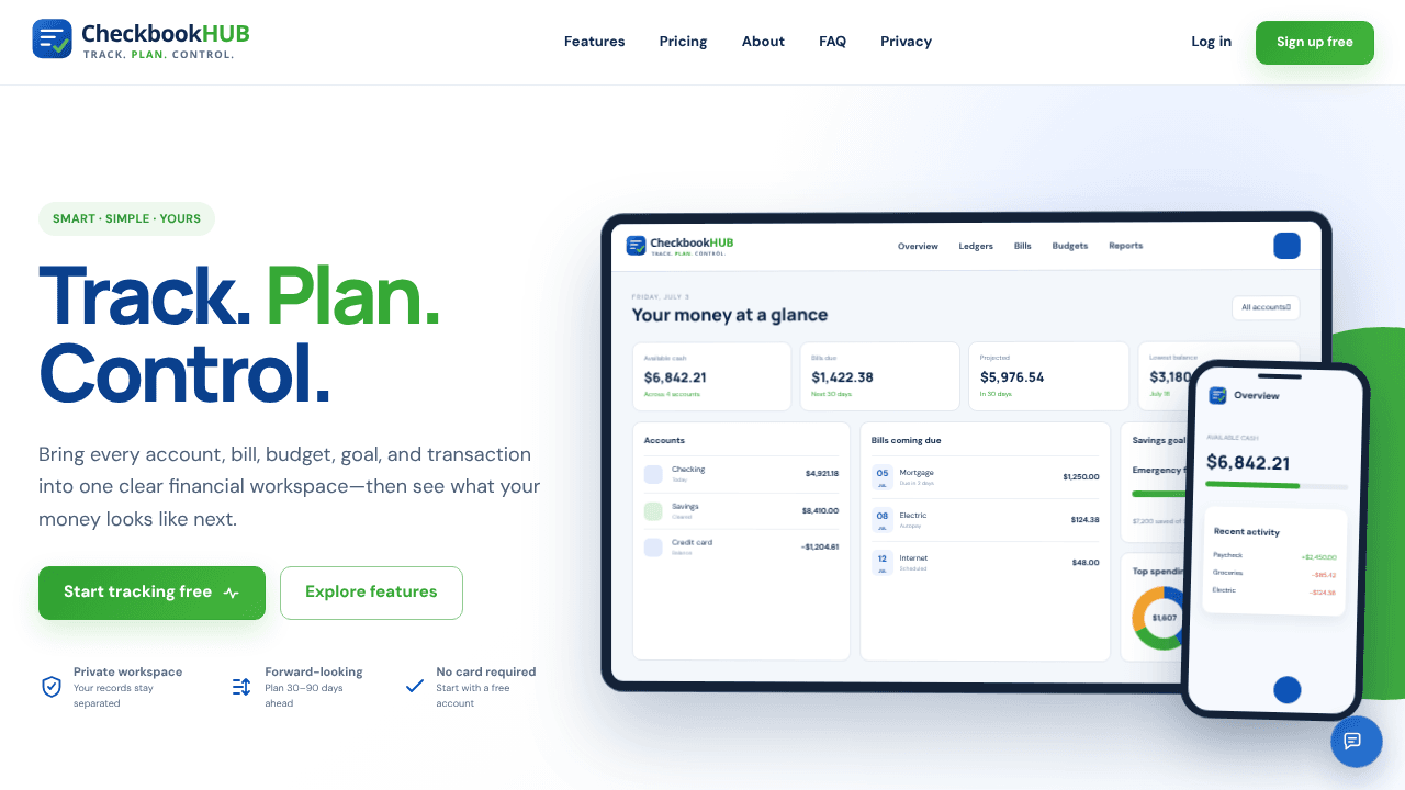 CheckbookHUB · Track. Plan. Control. website screenshot