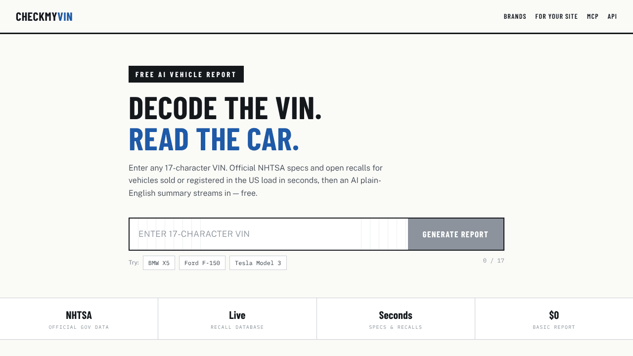 CheckMyVIN website screenshot