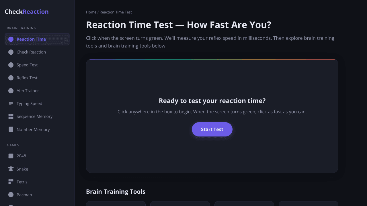 CheckReaction — Free Cognitive Tests website screenshot