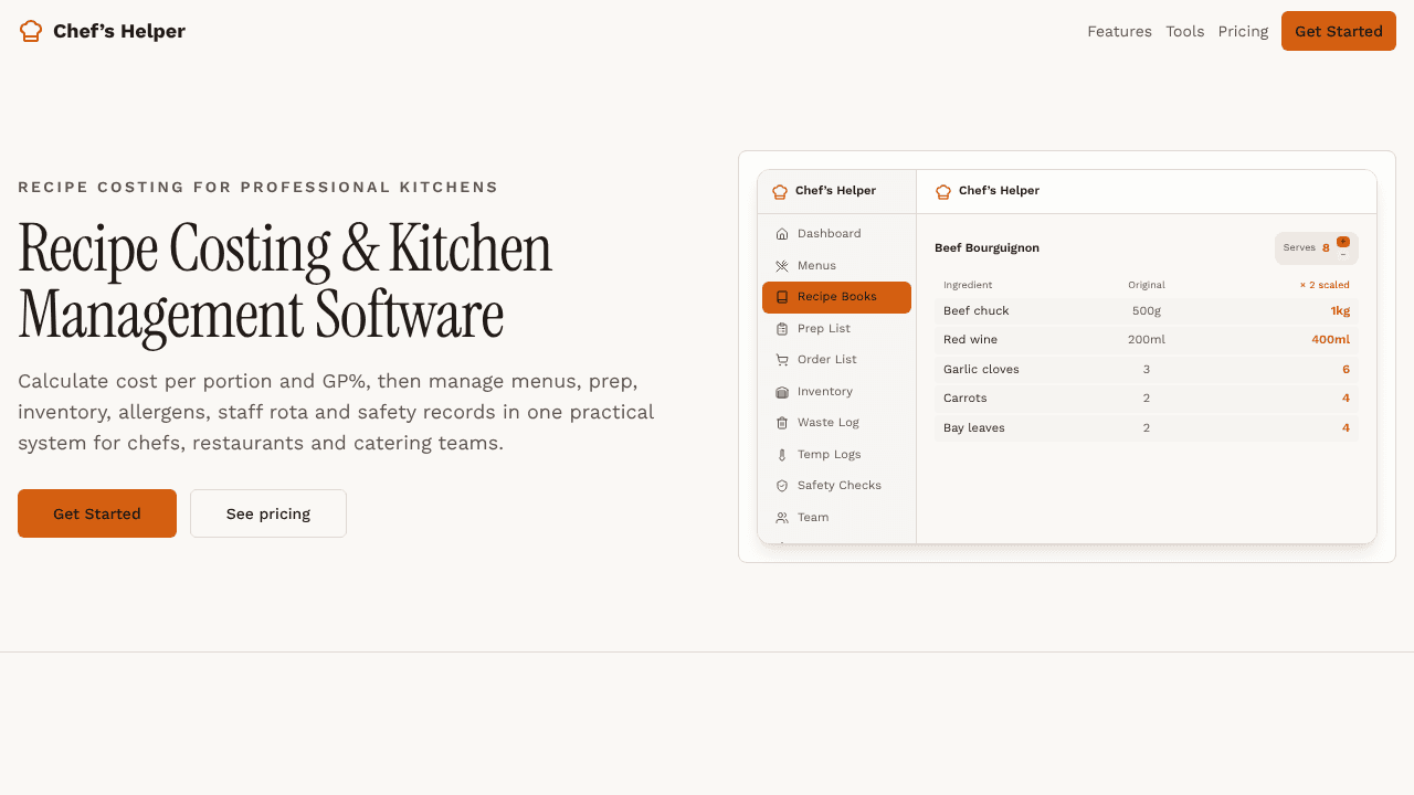 Chef's Helper website screenshot
