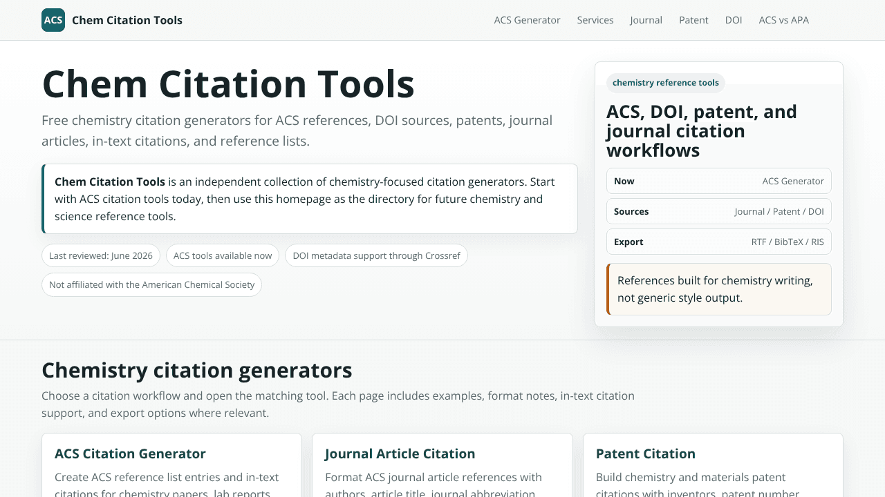 Chem Citation Tools website screenshot