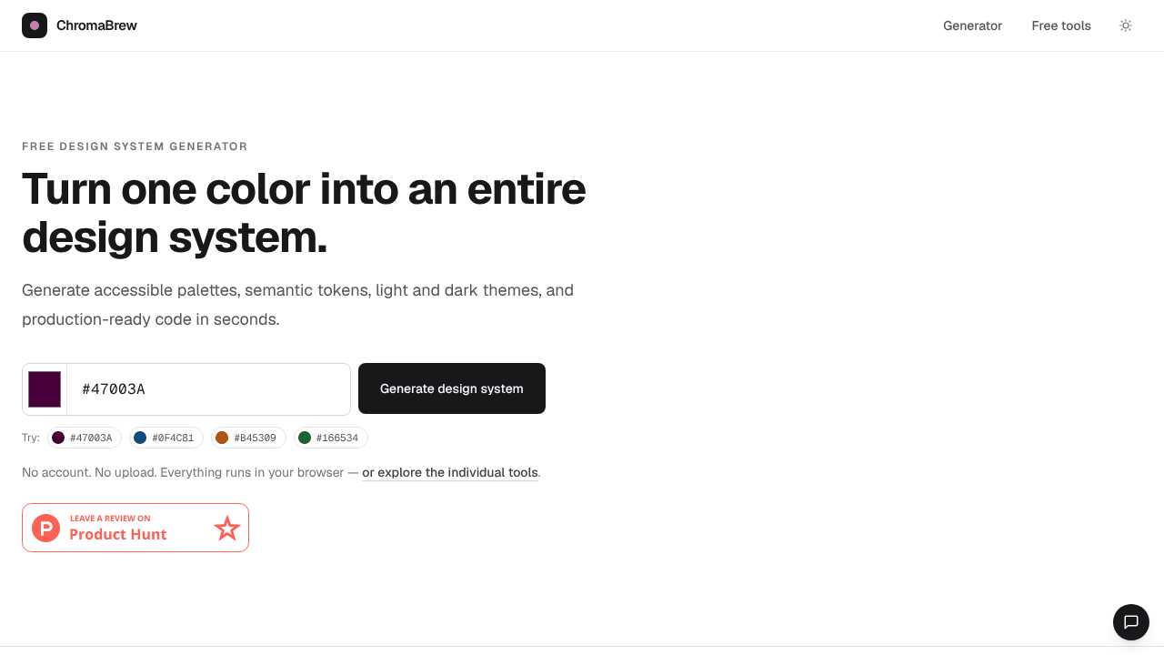 ChromaBrew — Free Design System Tool website screenshot