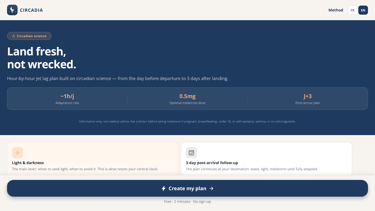 Circadia — Arrivez reposé, pas épuisé website screenshot