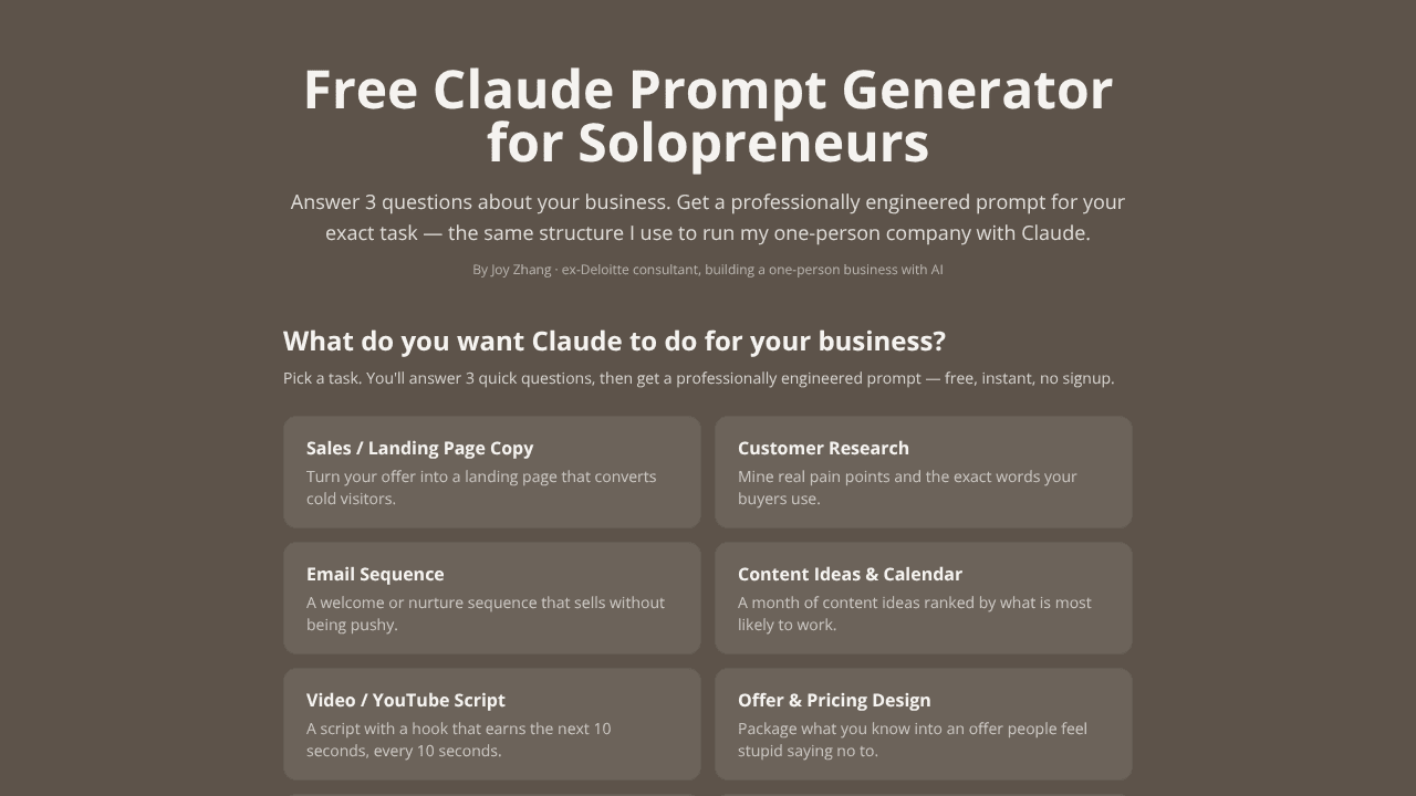 Claude Prompt Generator website screenshot