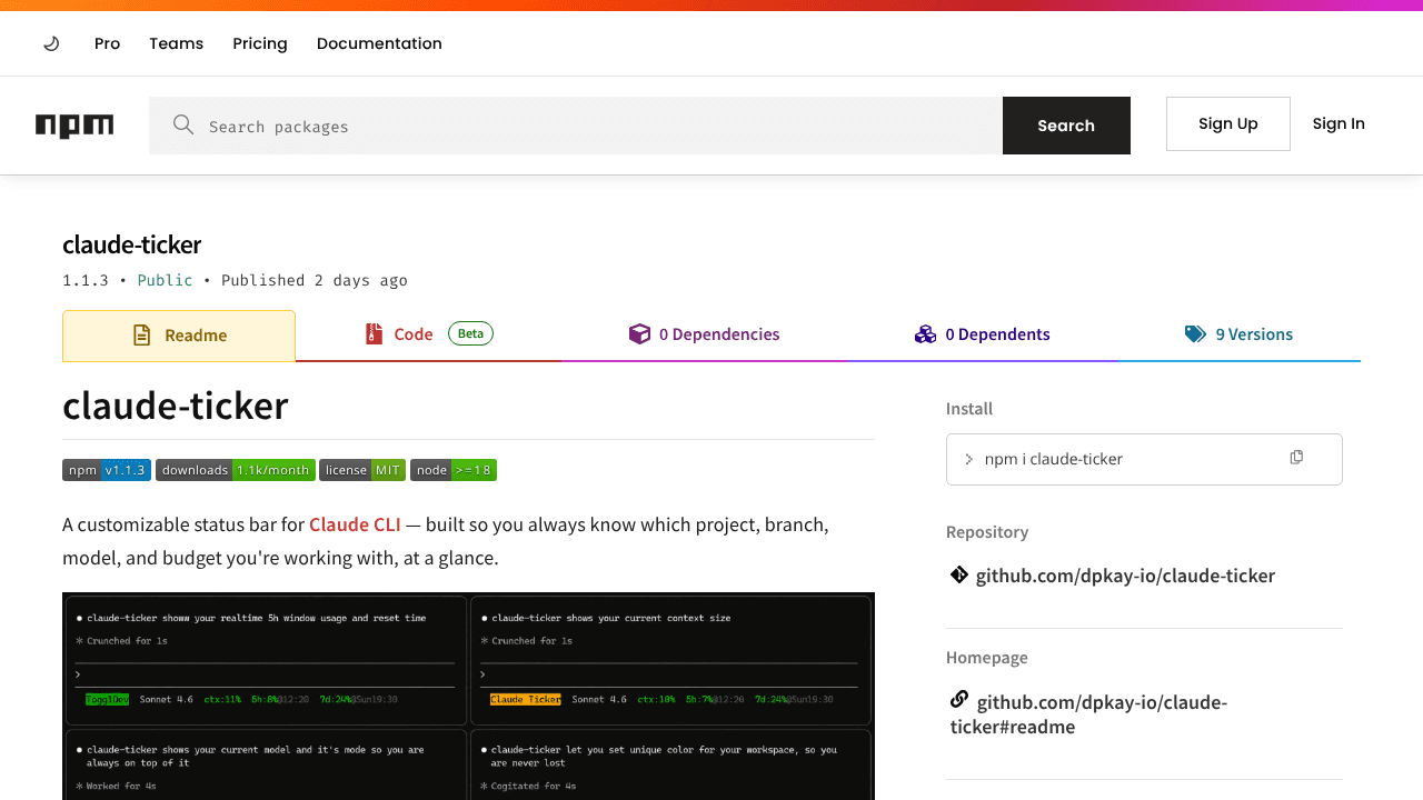 claude-ticker for Claude Code CLI website screenshot