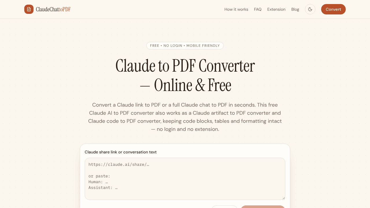ClaudeChatToPDF website screenshot