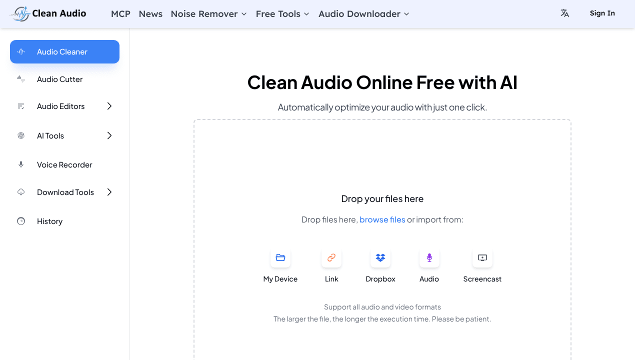 Clean Audio website screenshot
