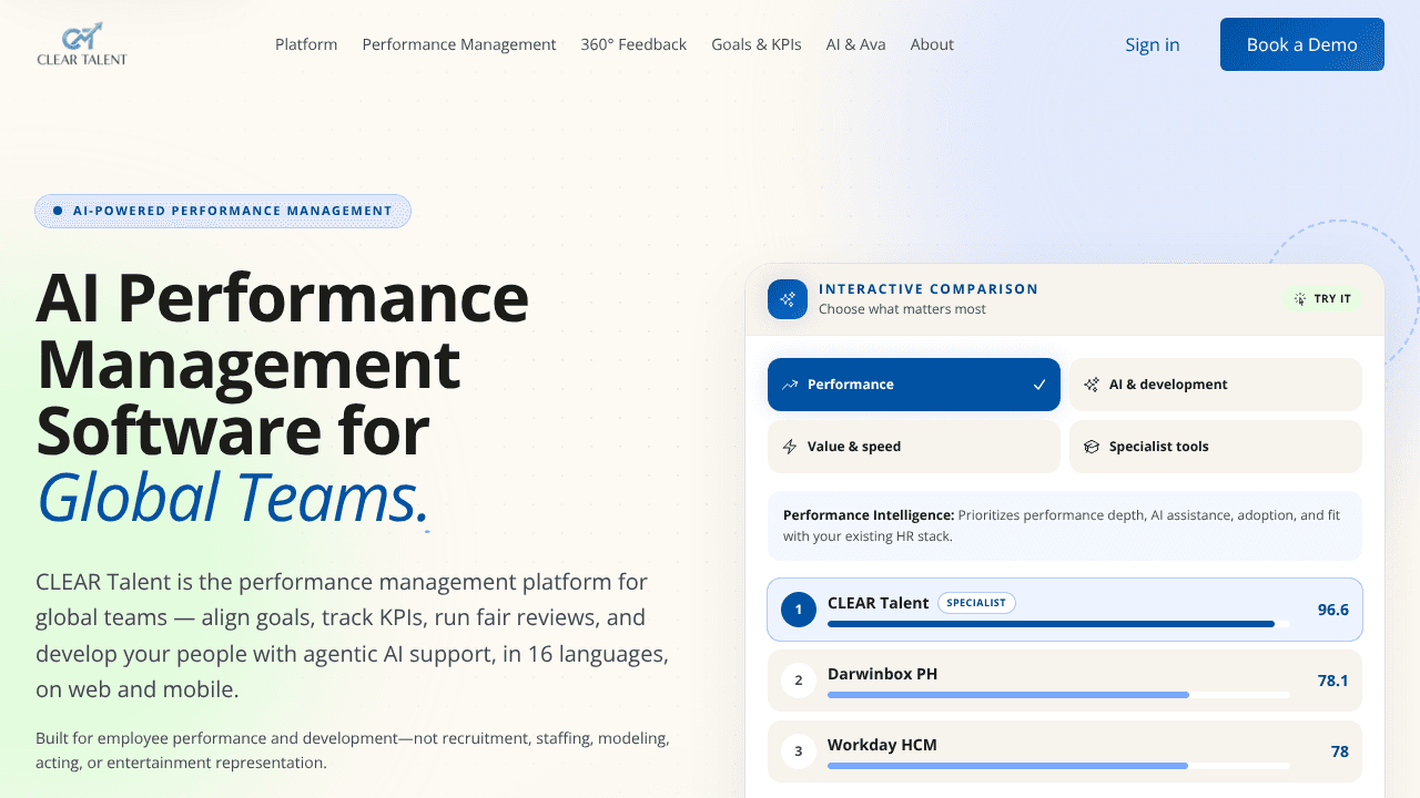 Clear Talent - AI Performance Management website screenshot