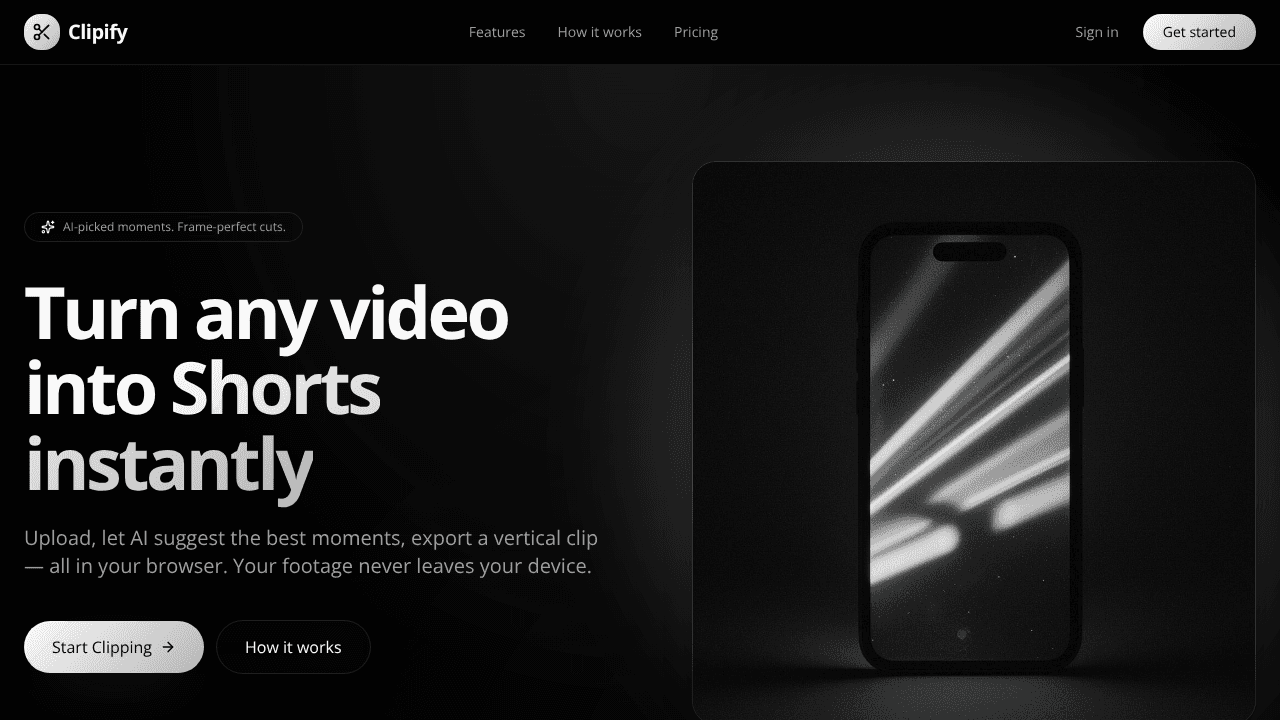 Clipify — Turn any video into a Short  website screenshot