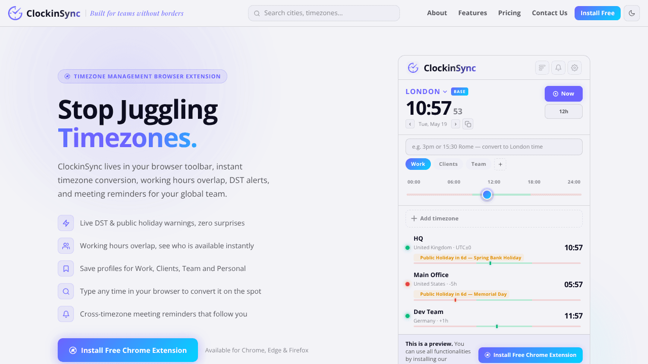 ClockinSync - Smart Timezone Extension website screenshot