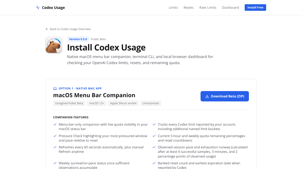 Codex Usage website screenshot