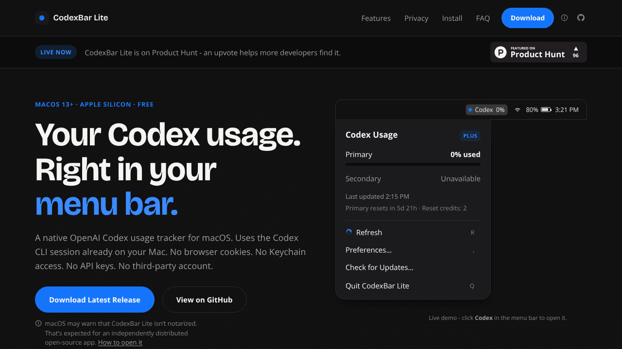 CodexBar Lite website screenshot