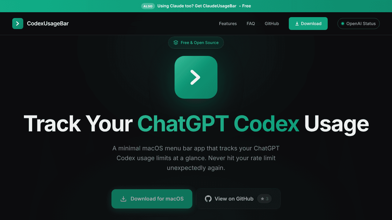 CodexUsageBar website screenshot